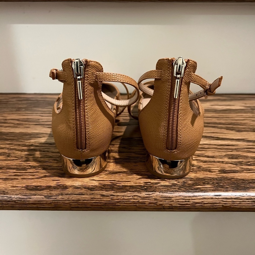 Aldo Tan Suede with Gold Heel Ankle Strap Flats - Picture 5 of 7